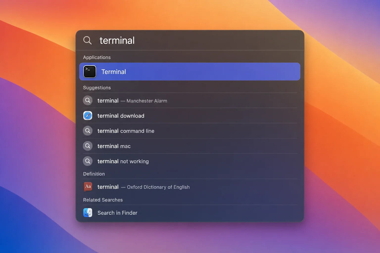 macOS Spotlight search with Terminal typed and Terminal app highlighted in results