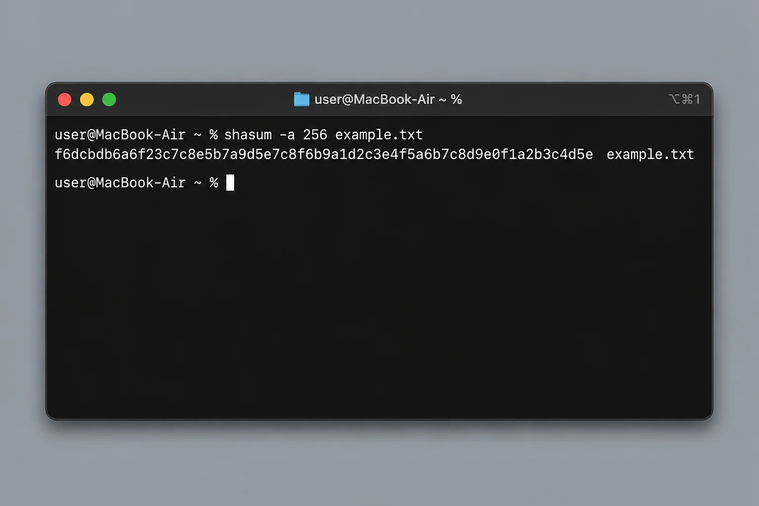 Previous generation attempt failed with a No search results found error. This should be a simple macOS Terminal window showing the shasum -a 256 command run against a downloaded file, with a SHA-256 hash string printed as output below the command, similar in style to a typical dark-background Terminal.app window.