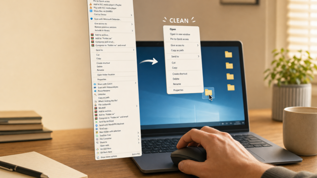 Hand on a laptop trackpad with two floating context menus, one highlighting a file icon on the screen; the word CLEAN appears above. - windows-right-click-context-menu-featured