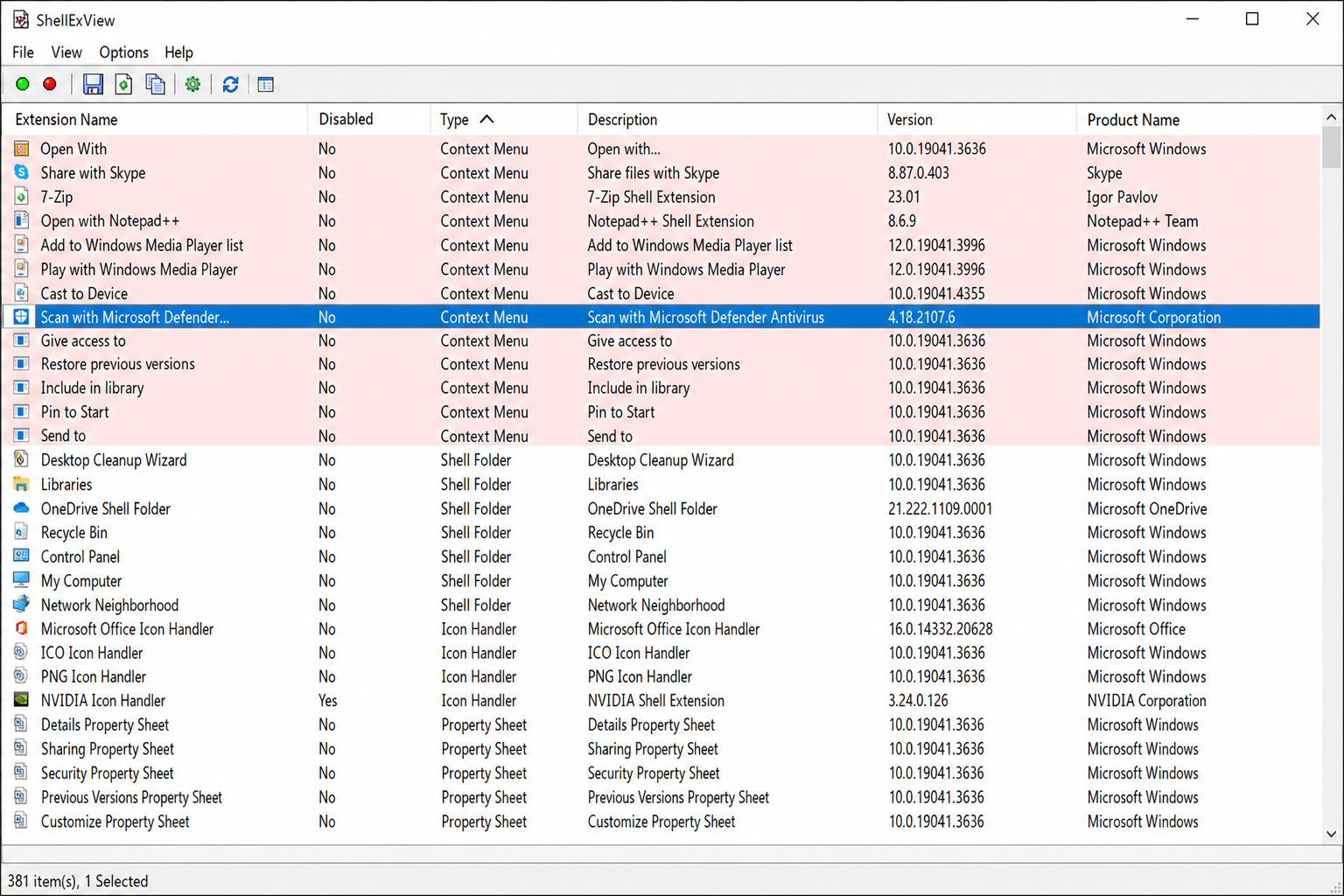 ShellExView window sorted by Type column, with Context Menu entries highlighted in pink and one item selected