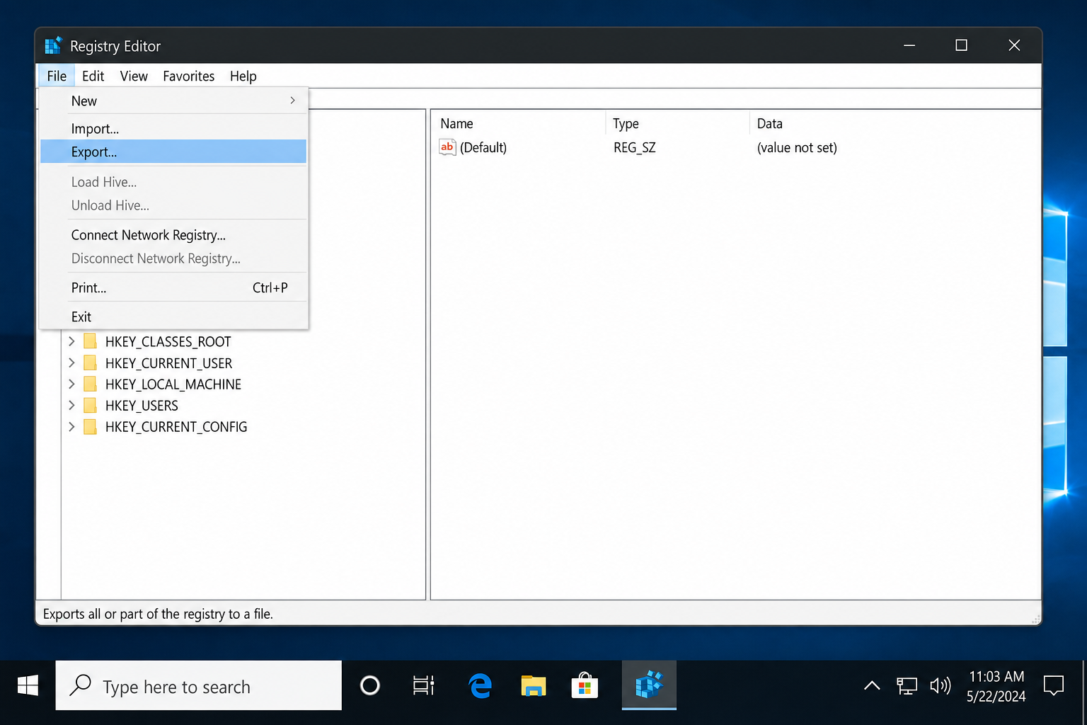 Registry Editor File menu open with Export option highlighted