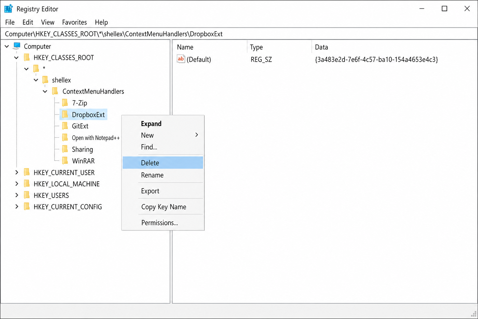 Registry Editor showing HKEY_CLASSES_ROOT\*\shellex\ContextMenuHandlers expanded with a third-party app key selected and right-click Delete option visible