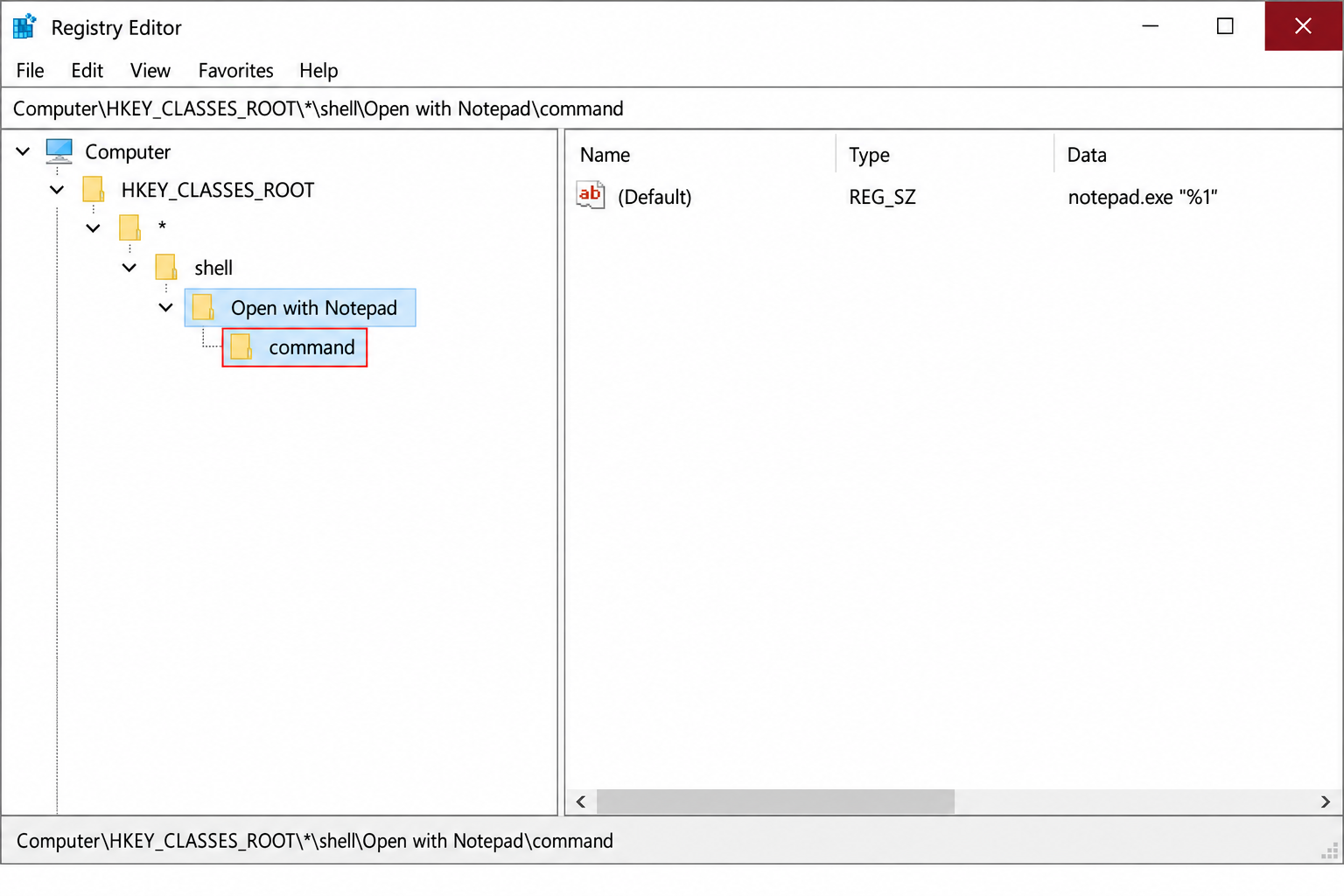 Registry Editor showing HKEY_CLASSES_ROOT\*\shell with a new custom key named Open with Notepad and its command subkey with notepad.exe "%1" as the default value
