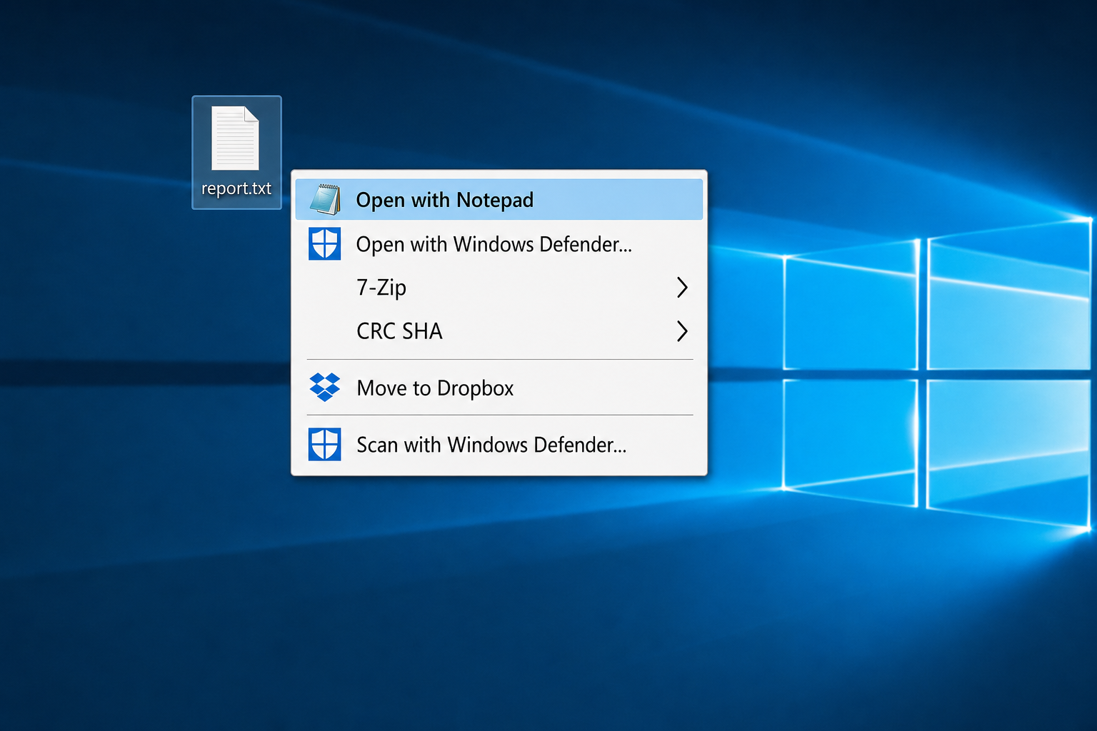 Windows right-click context menu on a file showing custom Open with Notepad option