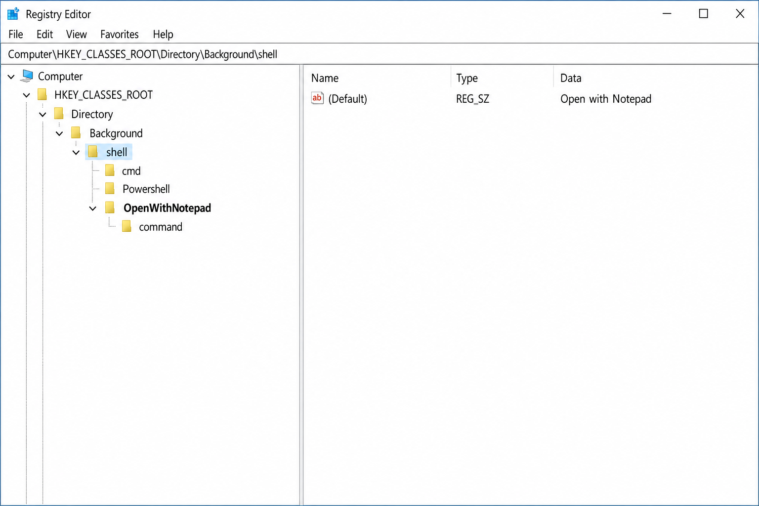 Registry Editor showing HKEY_CLASSES_ROOT\Directory\Background\shell with a custom command key added