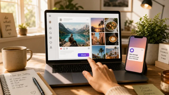 Person's hand taps a laptop displaying a photo collage/social media dashboard with a 'Share' button, while a phone shows a new message nearby on a desk. - 3-top-apps-using-instagram-pc-featured