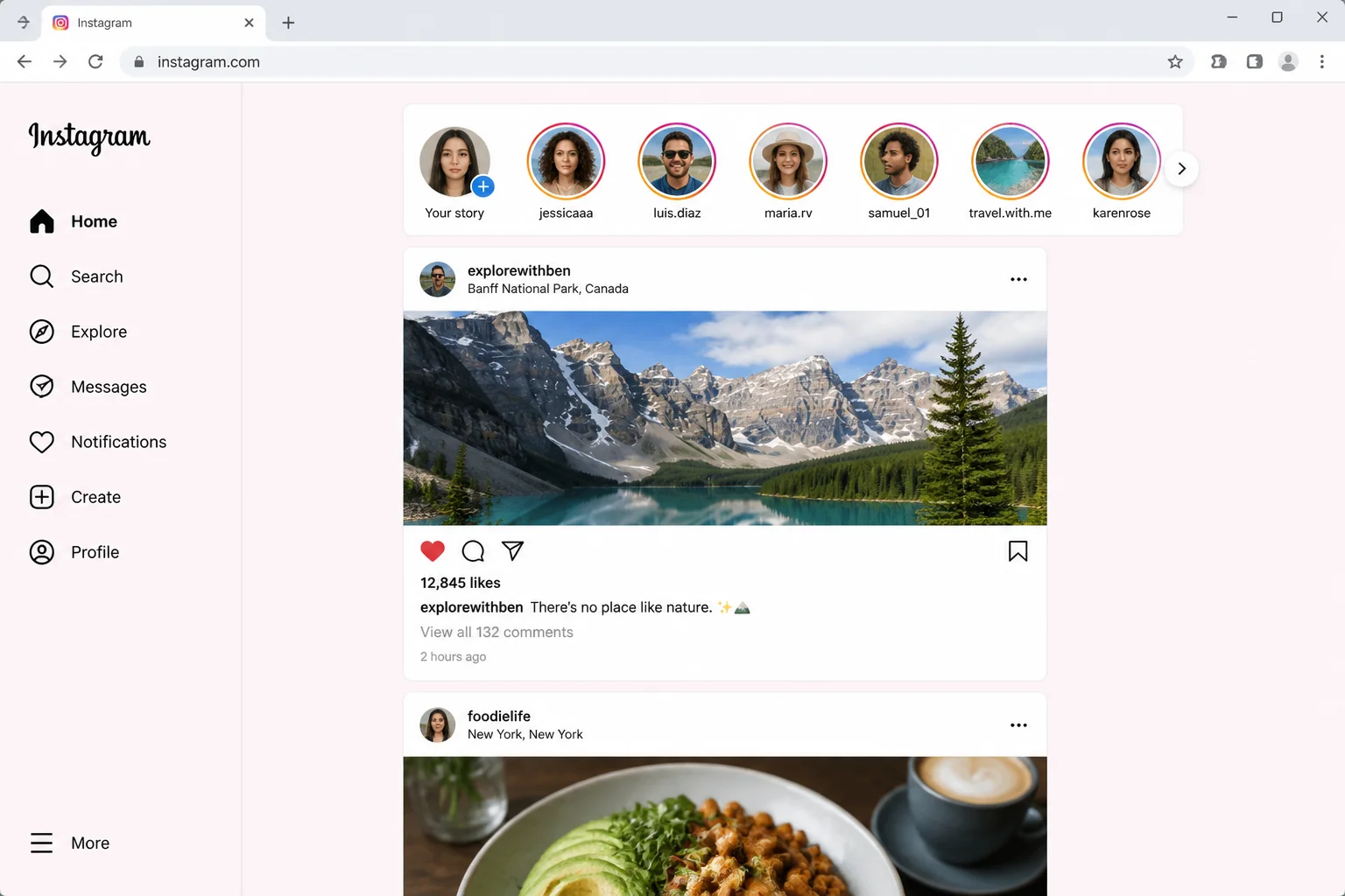 Instagram.com home feed viewed in a desktop browser showing the full layout with left navigation sidebar, feed posts, and Stories bar across the top