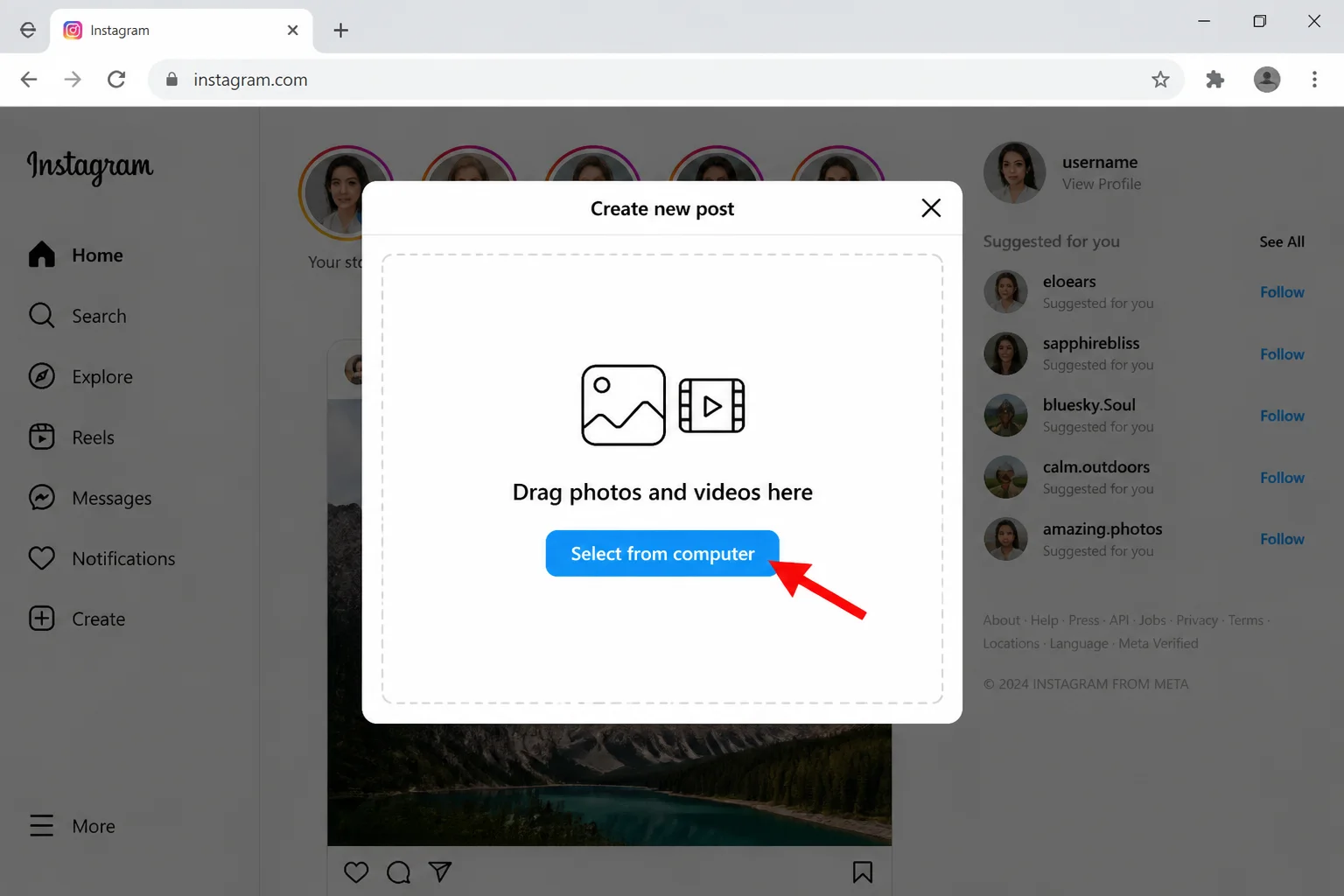 Instagram web Create post dialog showing the photo upload step with the Select from computer button highlighted
