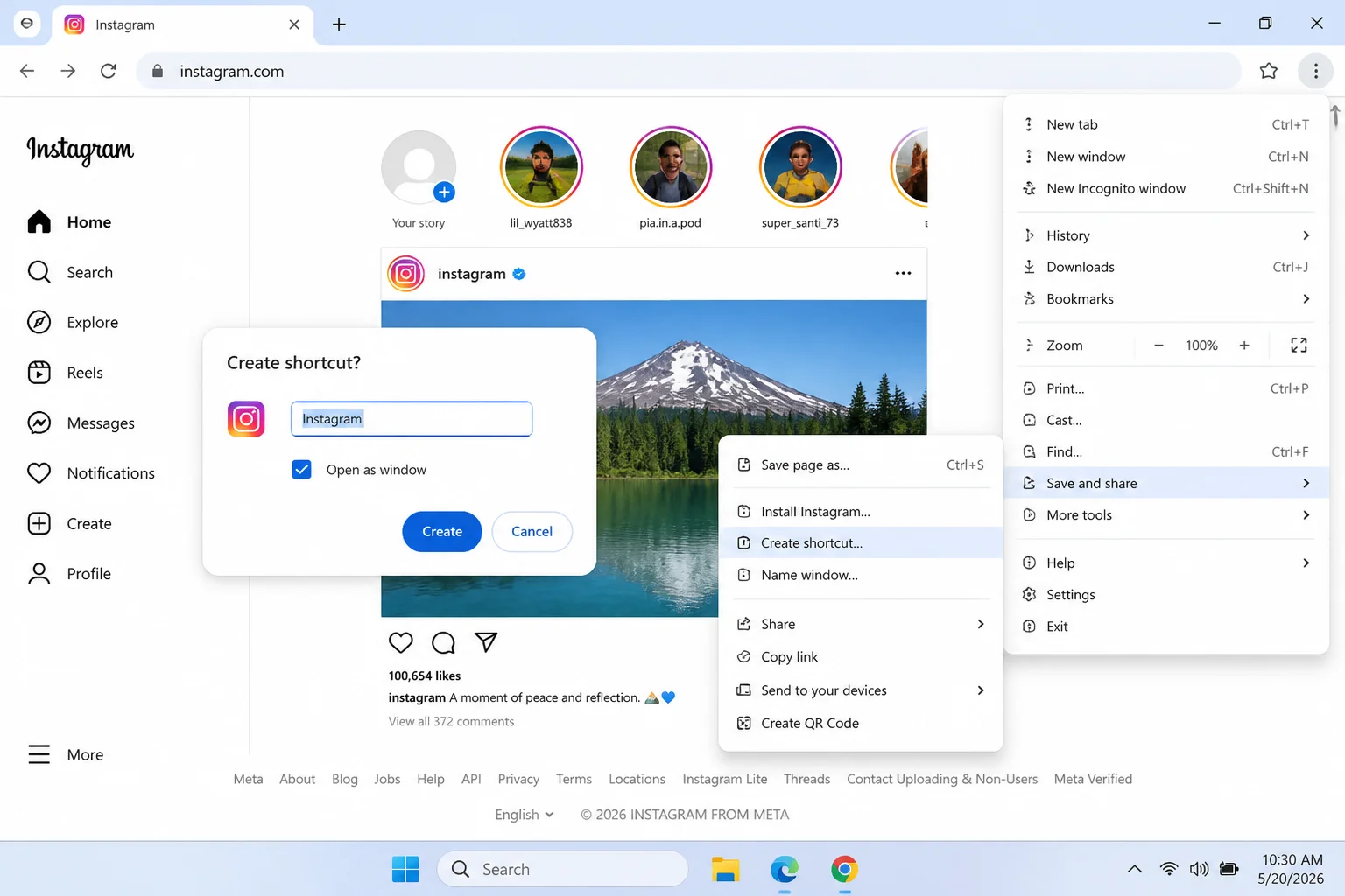 Chrome three-dot menu open showing the Save and share submenu with Create shortcut option, and the dialog with Open as window checkbox visible