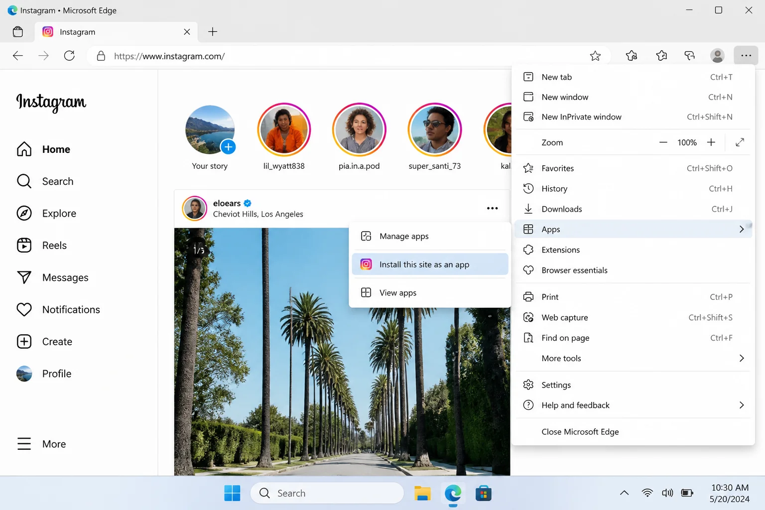 Microsoft Edge menu open showing the Apps submenu with Install this site as an app option highlighted for the Instagram website