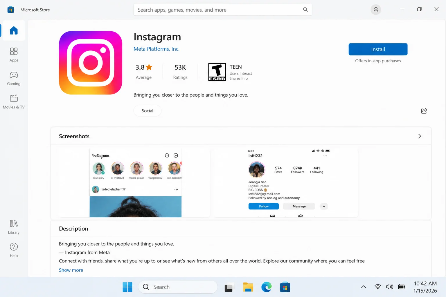 Microsoft Store search results showing the official Instagram app by Meta Platforms, Inc. with the Install button visible