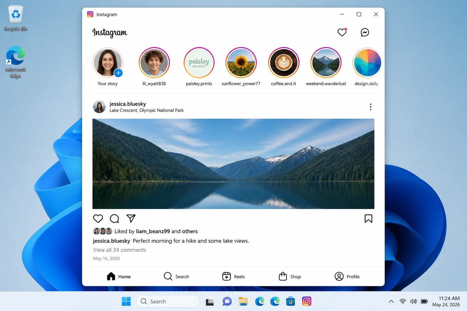 Instagram for Windows app showing the main feed with the Stories bar across the top and the bottom navigation bar, running in a desktop window on Windows 11