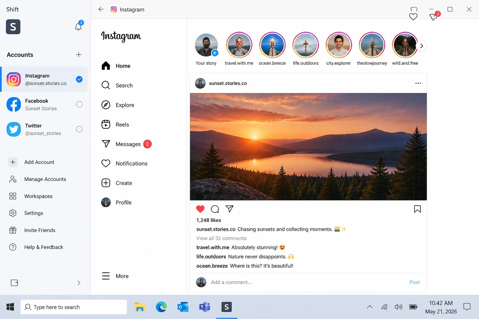 Shift desktop app showing Instagram loaded in the main panel with the account switcher sidebar visible on the left side
