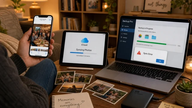 Person holds an iPhone showing a group photo while a tablet displays 'Syncing Photos' to iCloud and a laptop runs a backup app in the background. - 4-ways-to-safely-backup-iphone-ipad-photos-and-videos-featured
