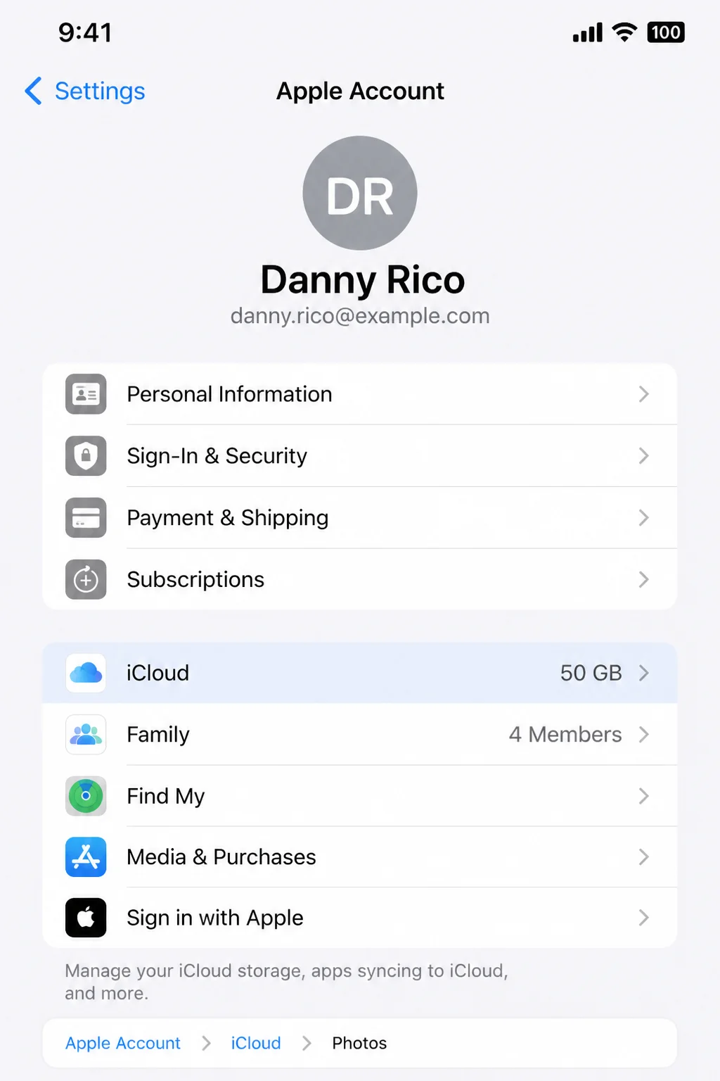 iPhone Settings showing Apple Account > iCloud > Photos navigation path