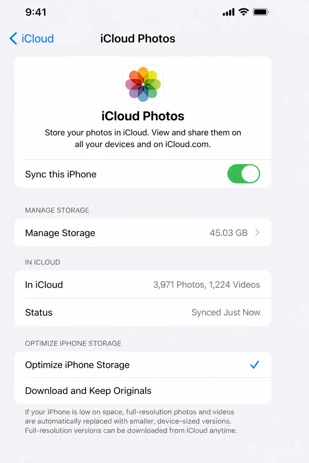 iCloud Photos settings with Sync this iPhone and Optimize iPhone Storage enabled
