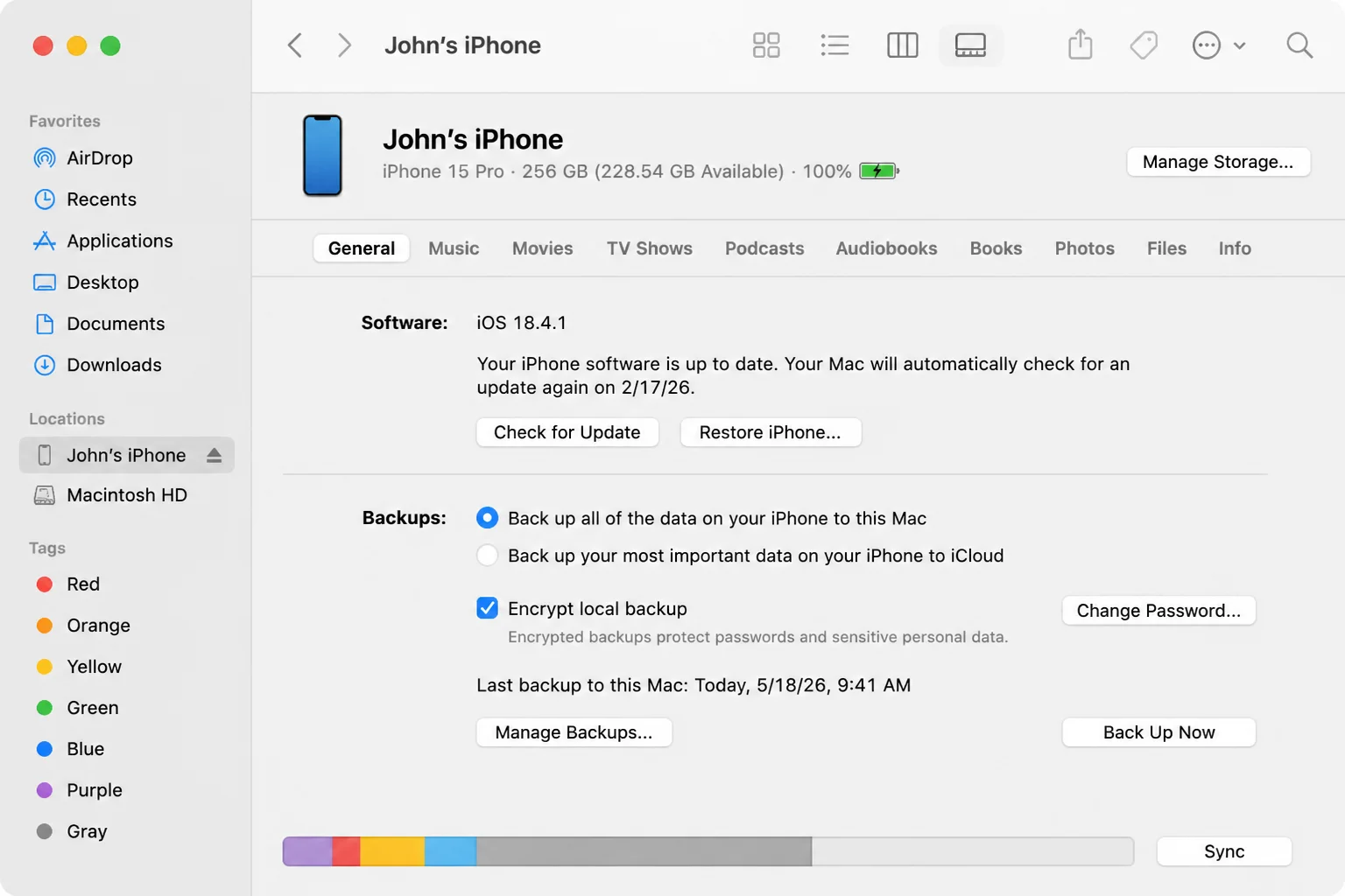 Finder General tab for a connected iPhone with Back up all of the data on your iPhone to this Mac, Encrypt local backup, and