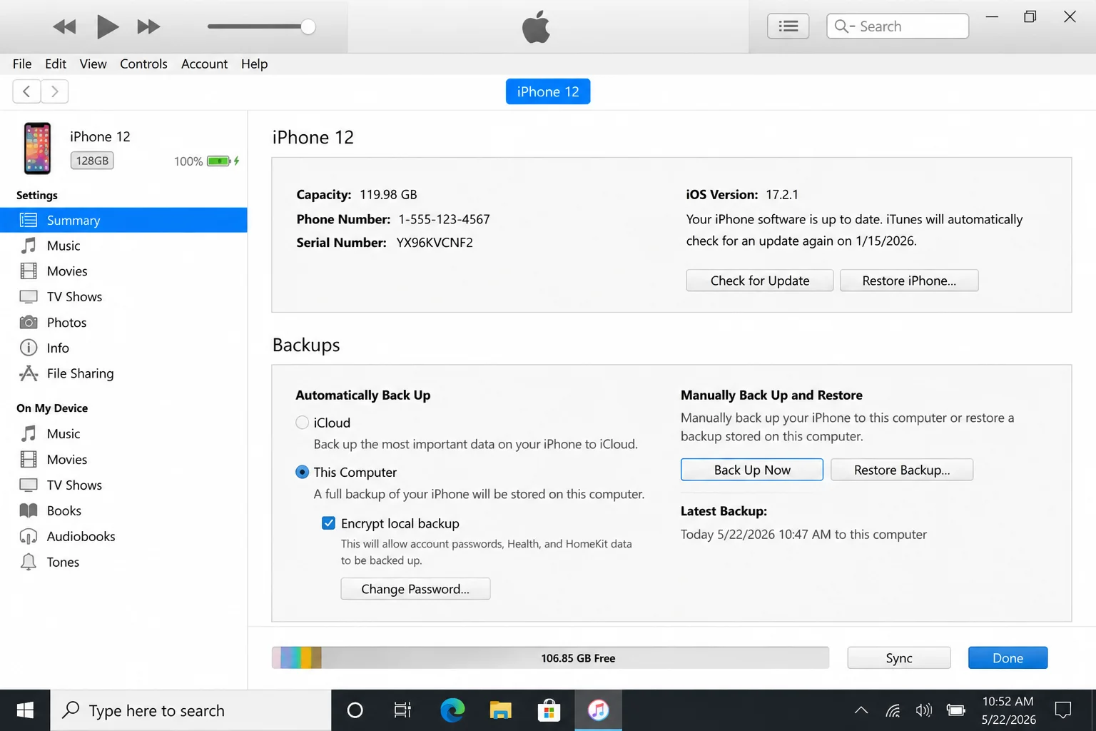 iTunes Summary page for a connected iPhone with This Computer, Encrypt local backup, and Back Up Now visible
