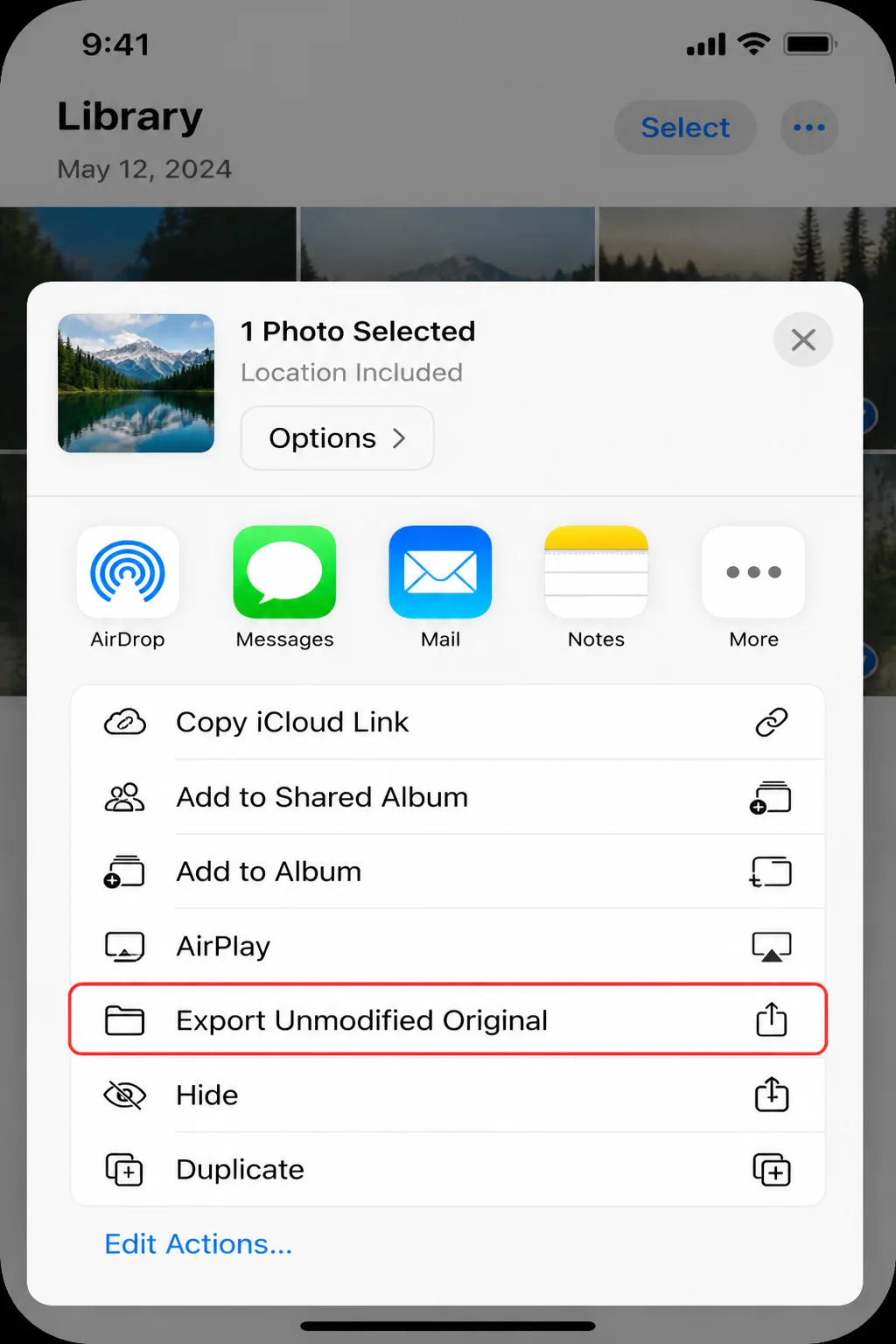 iPhone Photos share sheet showing the option to save selected photos to Files or export unmodified originals