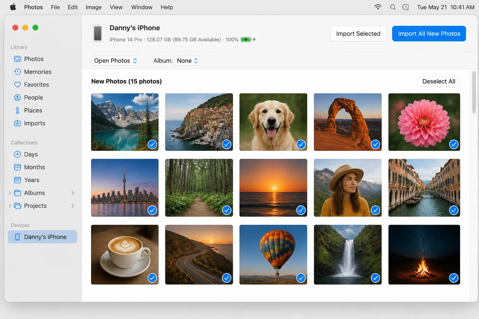 Mac Photos Import screen for a connected iPhone with Import Selected and Import All New Photos visible