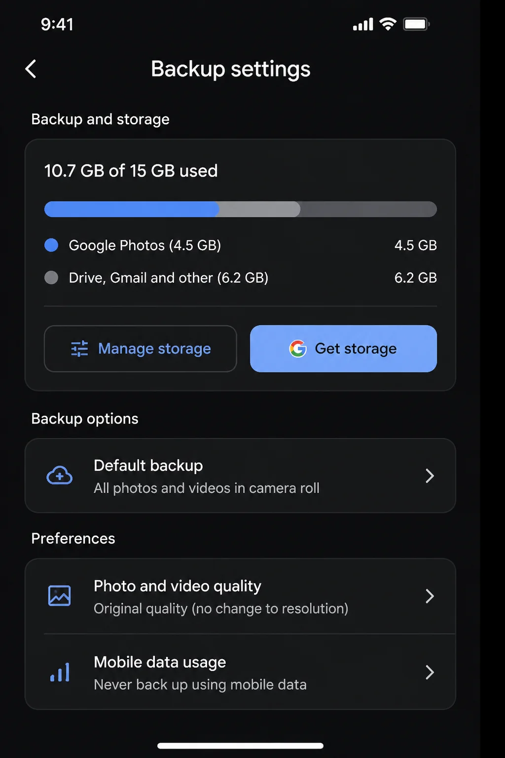 Google Photos Backup settings with Backup enabled and Original quality selected