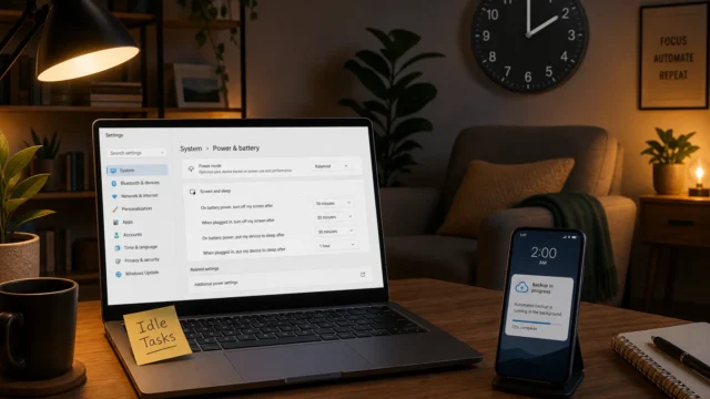 Laptop on a wooden desk showing the System -> Power & battery settings, in a cozy night-time home office with a plant and mug nearby. - 5-uses-for-an-idle-pc-featured