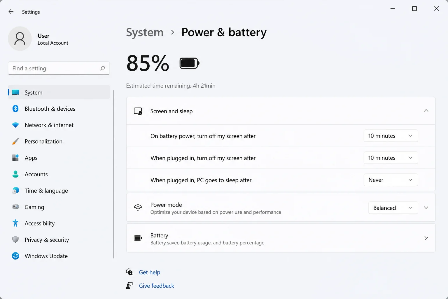 Windows 11 Settings > System > Power & battery showing Screen and sleep options with display timer set to 10 minutes and sleep timer set to Never when plugged in
