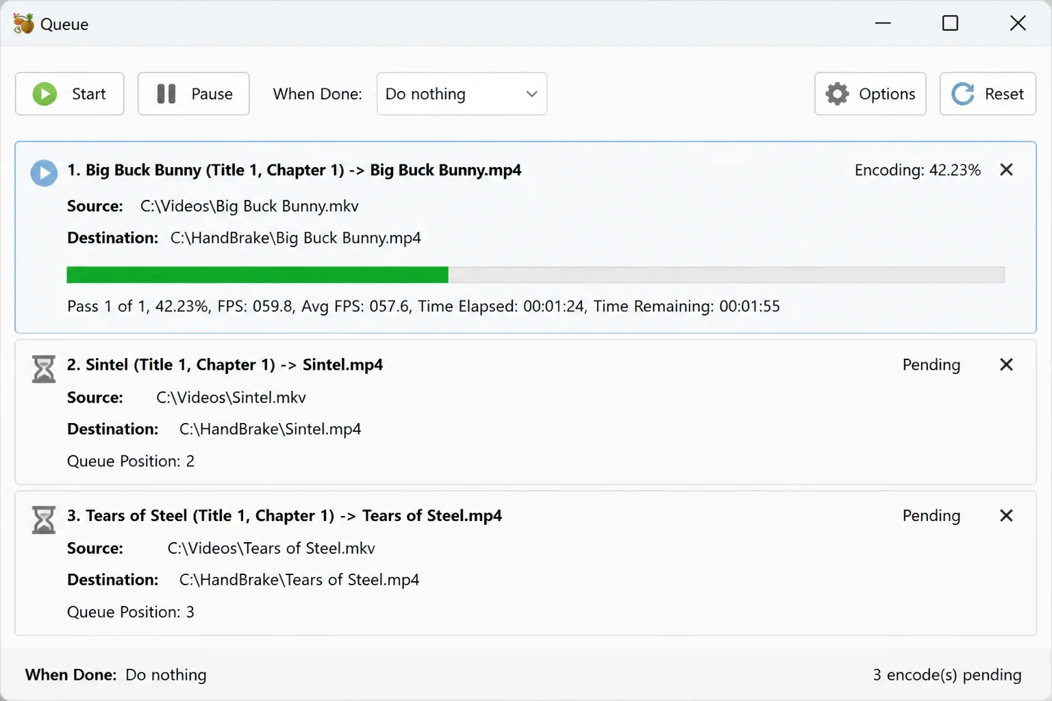 HandBrake showing the queue panel with multiple video files waiting to be encoded, with estimated completion times visible for each