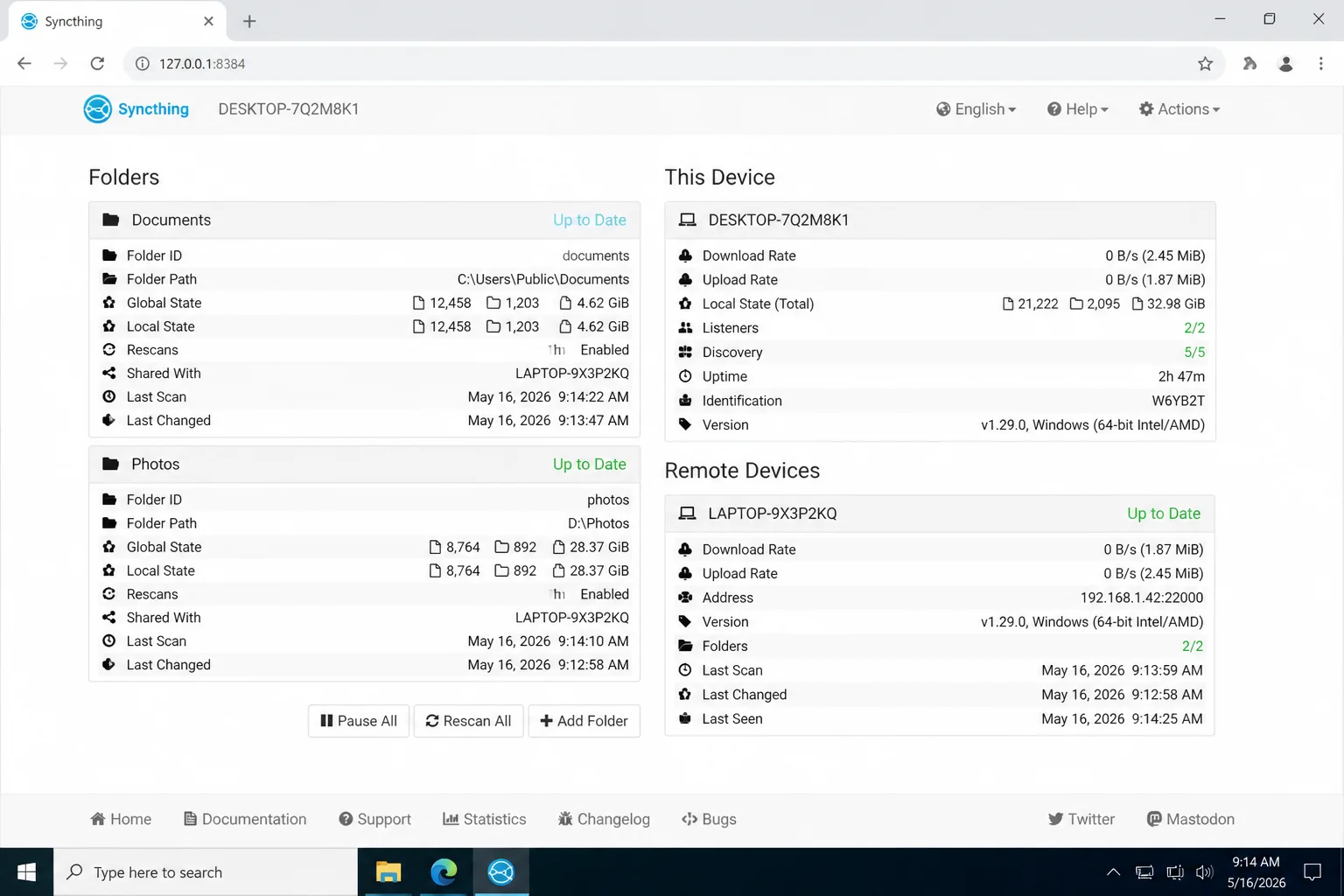 Syncthing web interface showing two synced folders with device status indicators and last sync times displayed