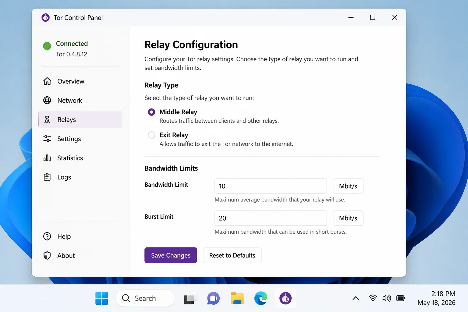 Tor relay configuration screen showing relay type selection between middle relay and exit relay, with bandwidth limit settings
