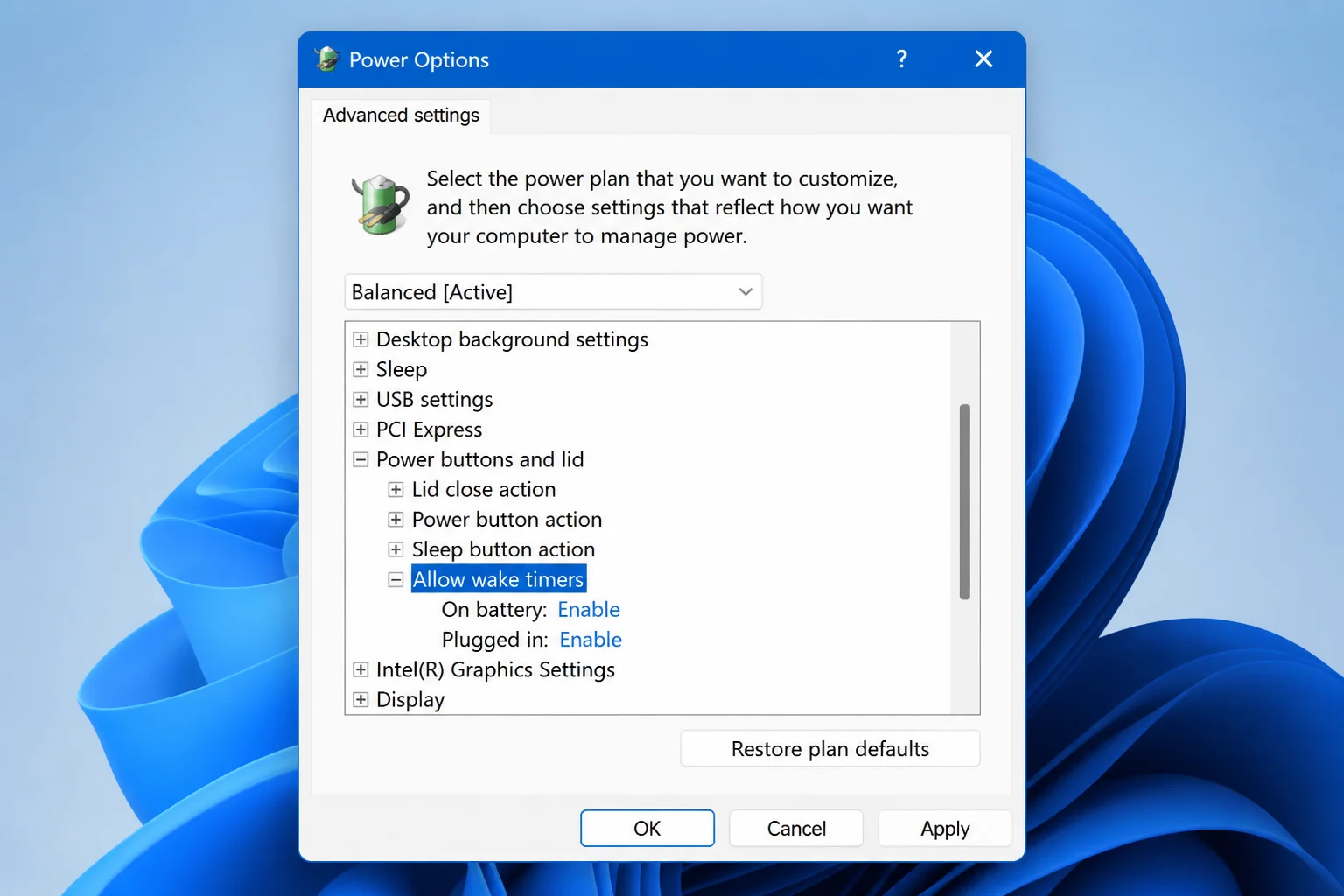 Windows Power Options advanced settings dialog with the Sleep section expanded showing Allow wake timers set to Enable for both battery and plugged in