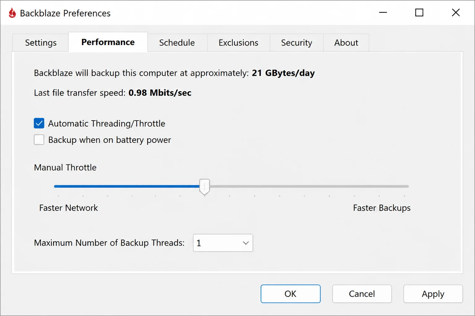 Backblaze Personal Backup desktop client showing backup status, last backup time, and performance settings with throttle options