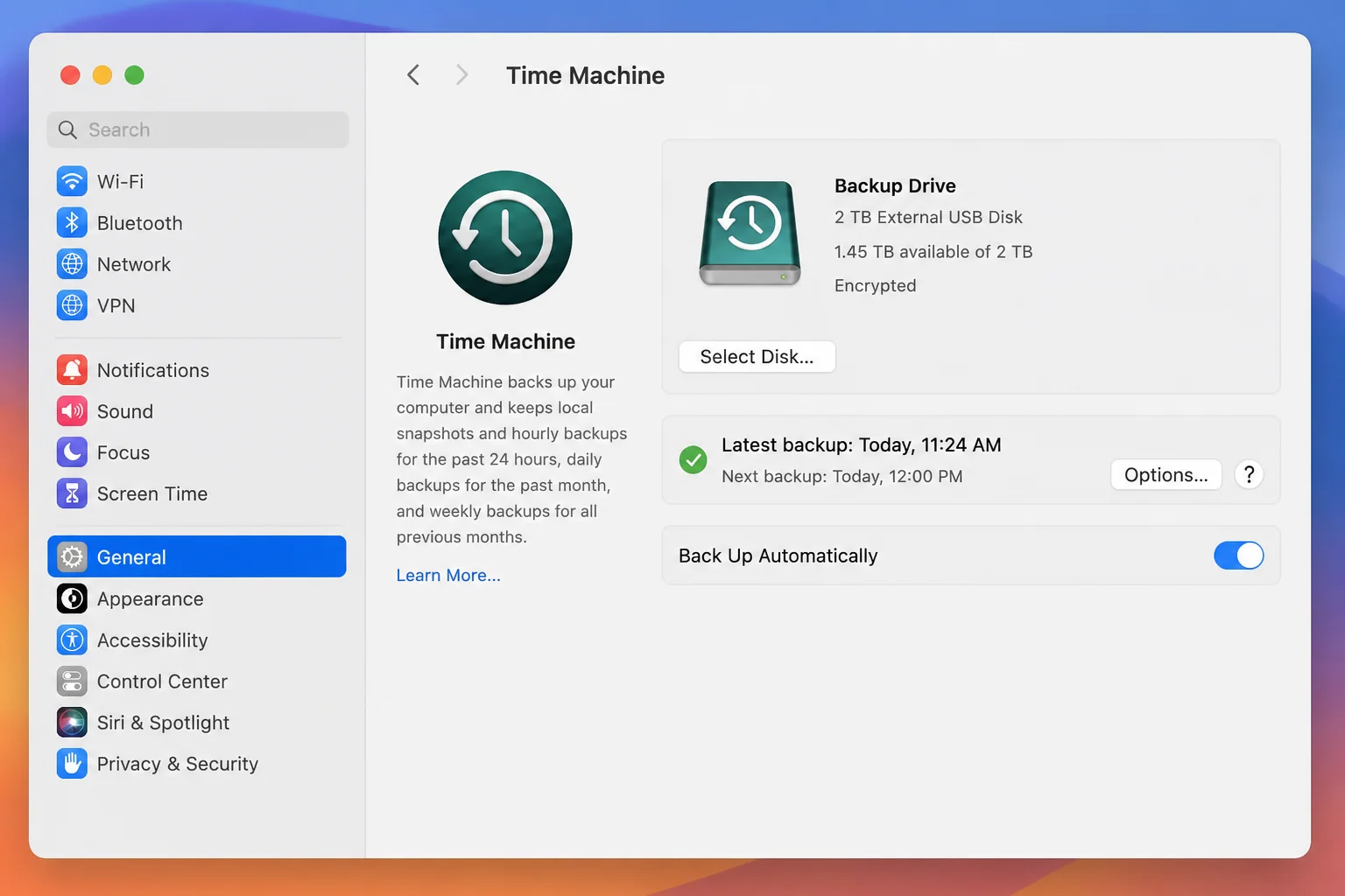 macOS System Settings > General > Time Machine with an external backup disk configured and status showing the last successful backup time