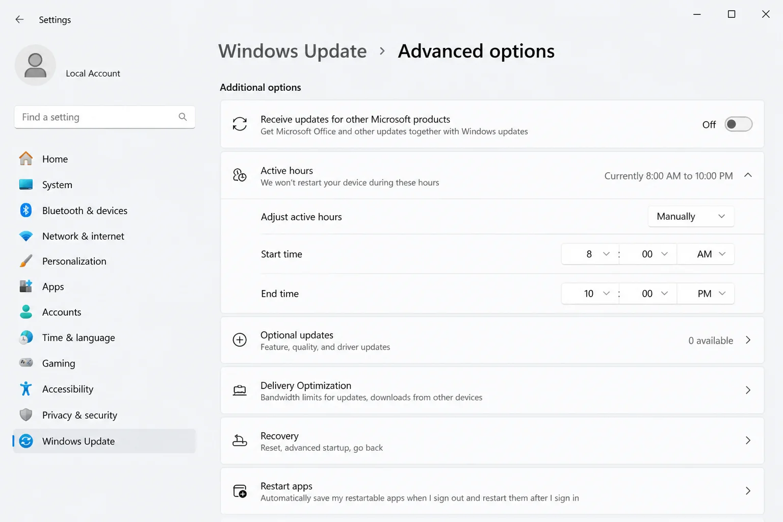 Windows 11 Settings > Windows Update > Advanced options > Active hours with a custom time range of 8 AM to 10 PM configured