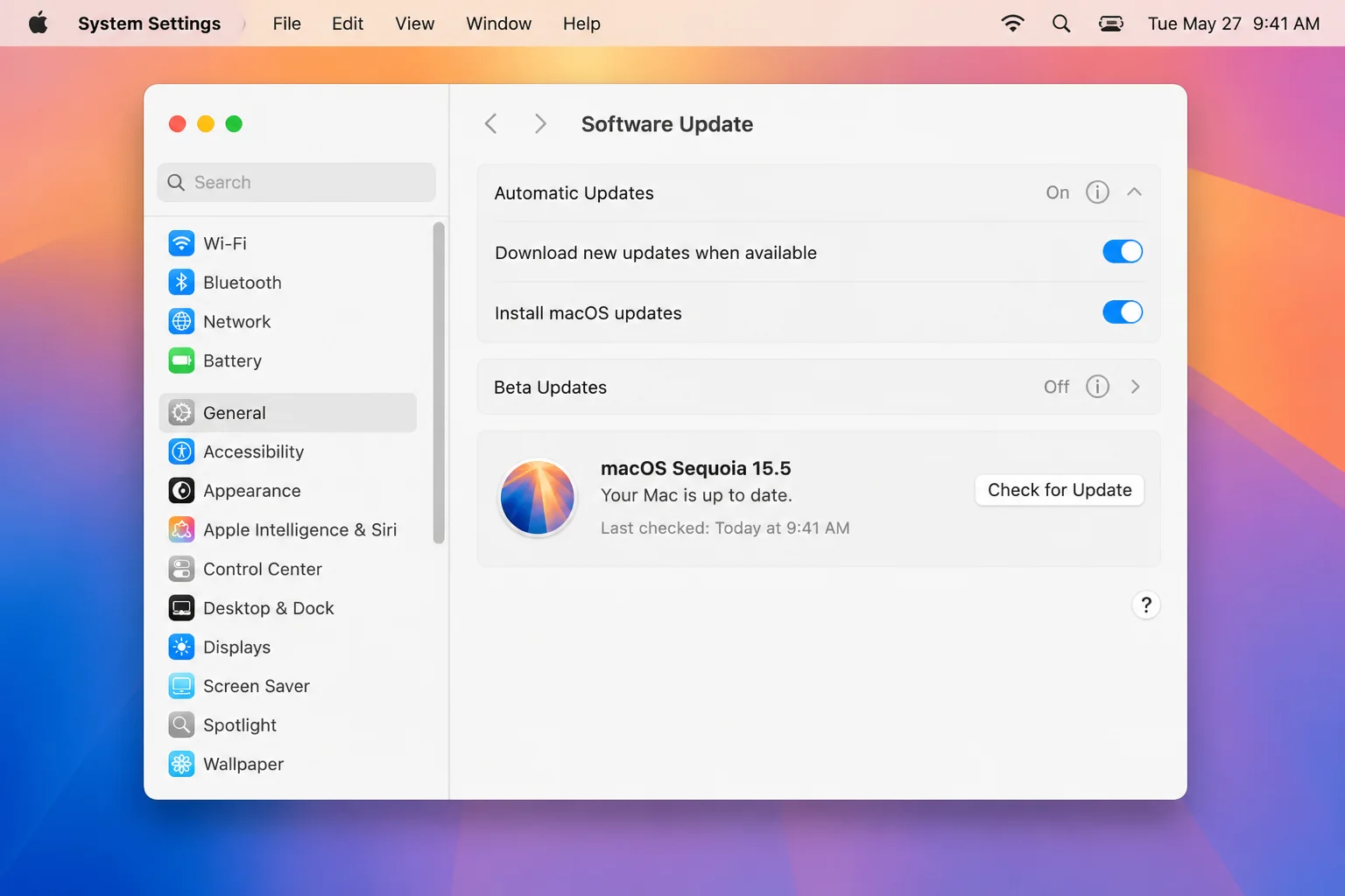macOS System Settings > General > Software Update with Automatic Updates section expanded showing Download new updates and Install macOS updates toggles both enabled