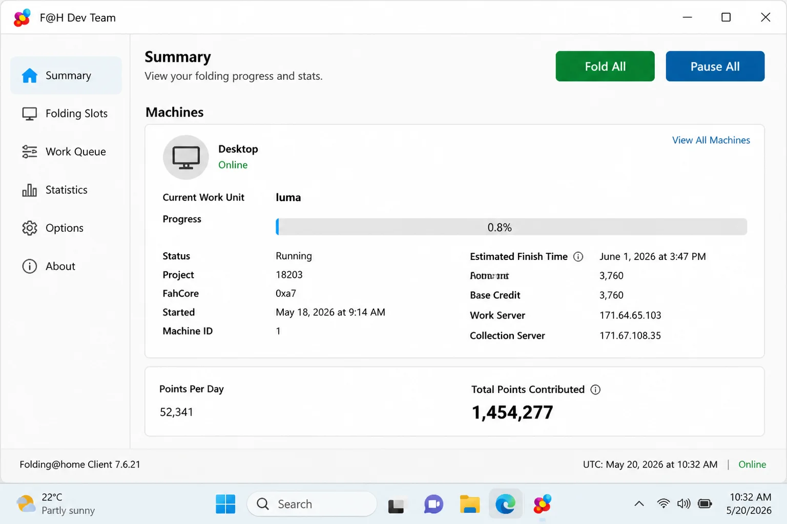 Folding@home client showing the current work unit name, a progress bar, projected finish time, and total points contributed