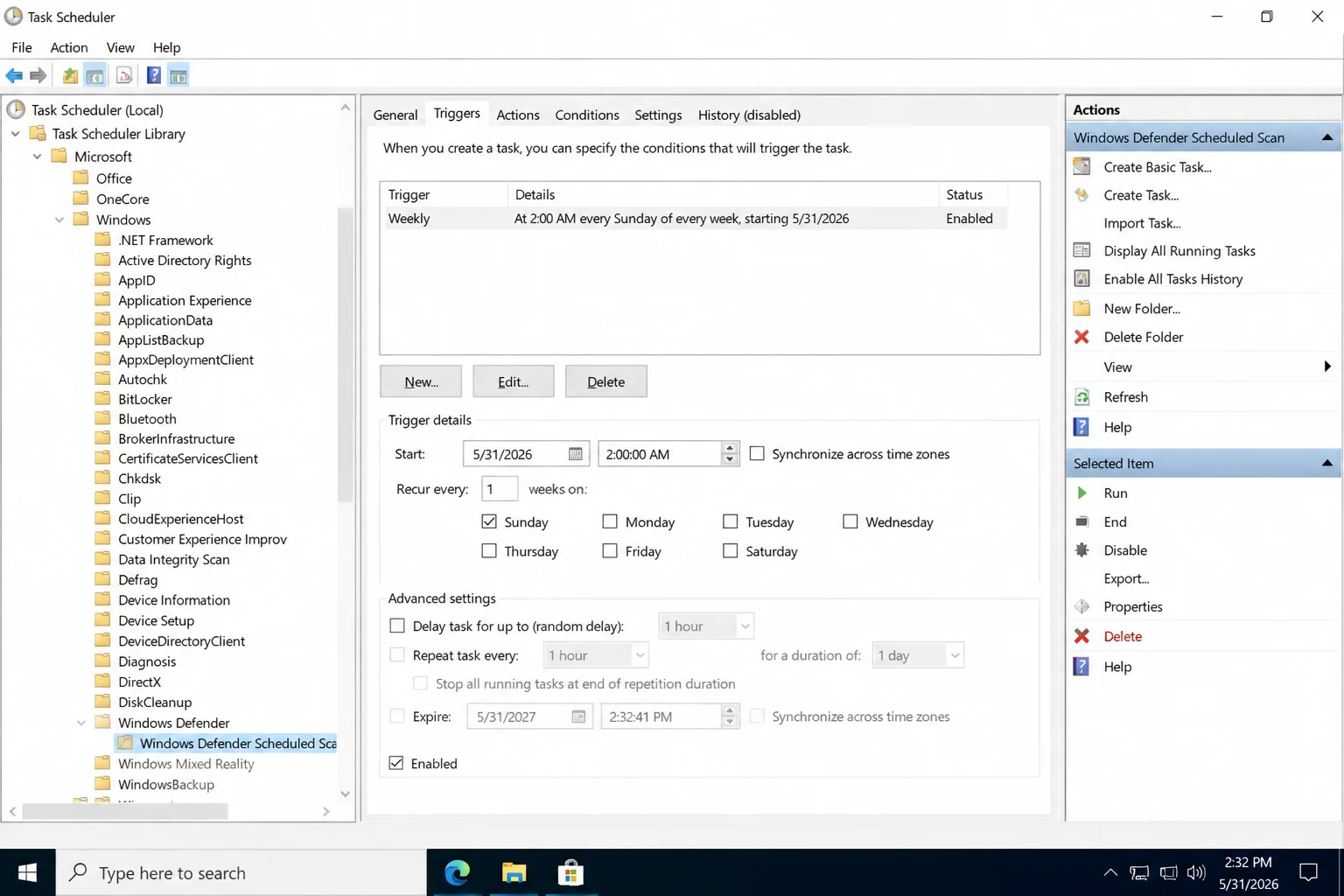 Task Scheduler showing the Windows Defender Scheduled Scan task selected, with the Triggers tab open and a weekly Sunday 2 AM trigger configured