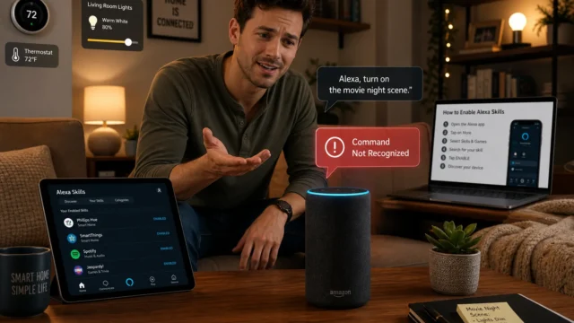 Man demonstrating an Amazon Echo smart speaker in a cozy living room with floating UI notes like thermostat and lighting controls nearby and a tablet showing Alexa Skills on the left. - 54-best-alexa-skills-commands-featured