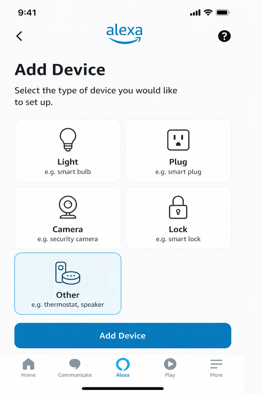Alexa Add Device page showing categories such as Light, Plug, Camera, Lock, and Other, with Add Device and Other highlighted