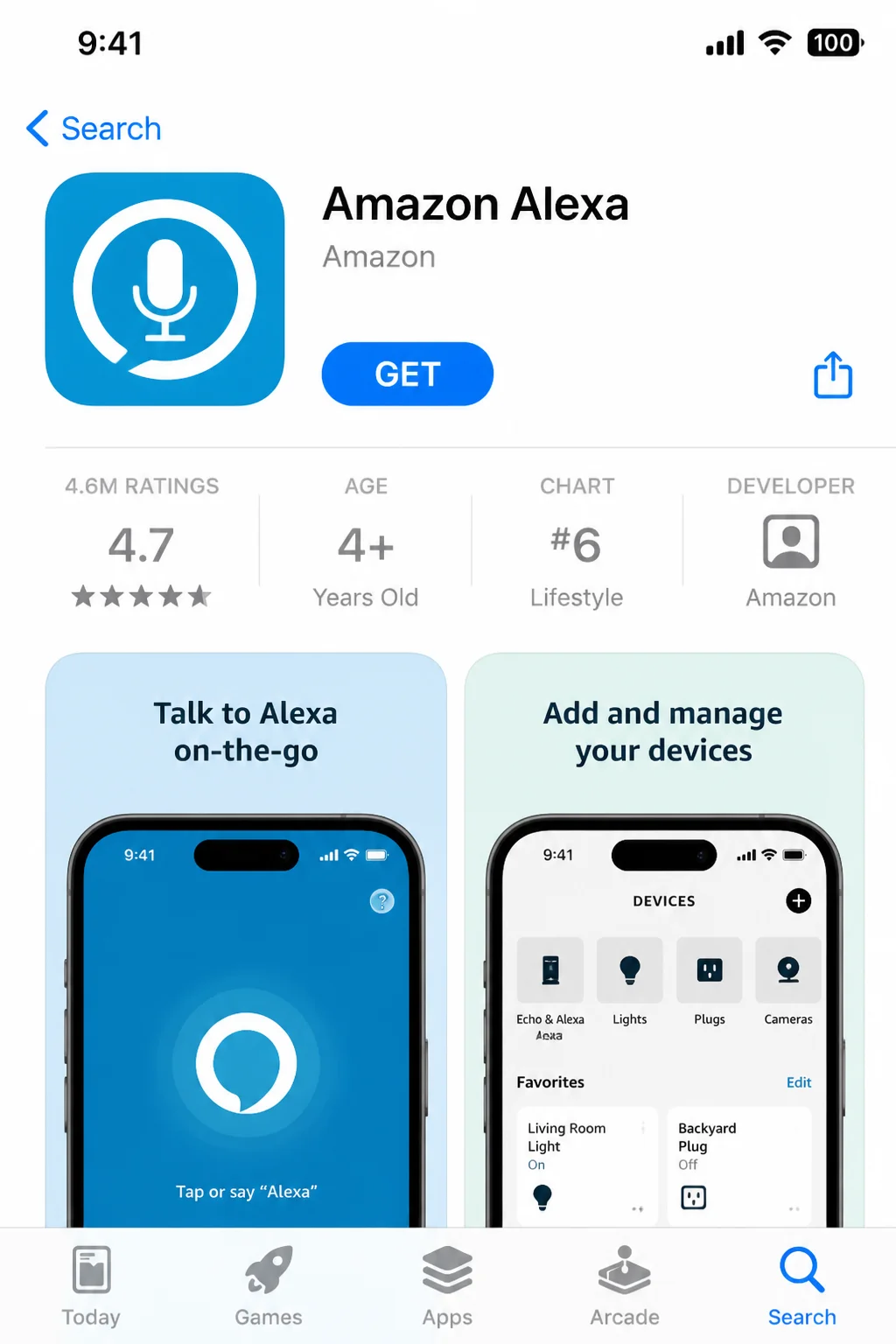 iPhone App Store page for the official Amazon Alexa app, showing the app name and publisher without an account chooser or sign-in prompt
