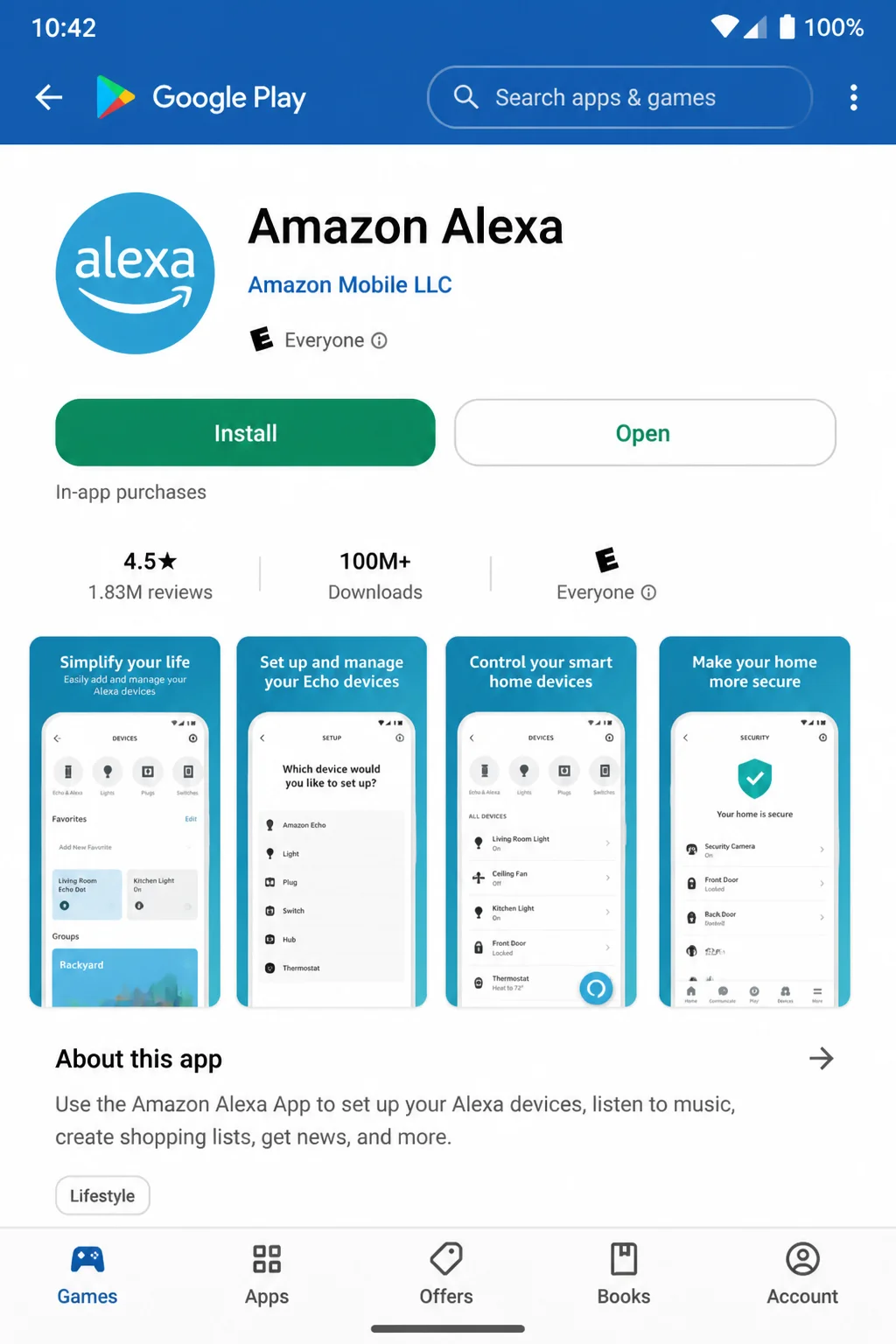 Google Play page for the official Amazon Alexa app, showing the app name and publisher without personal account details