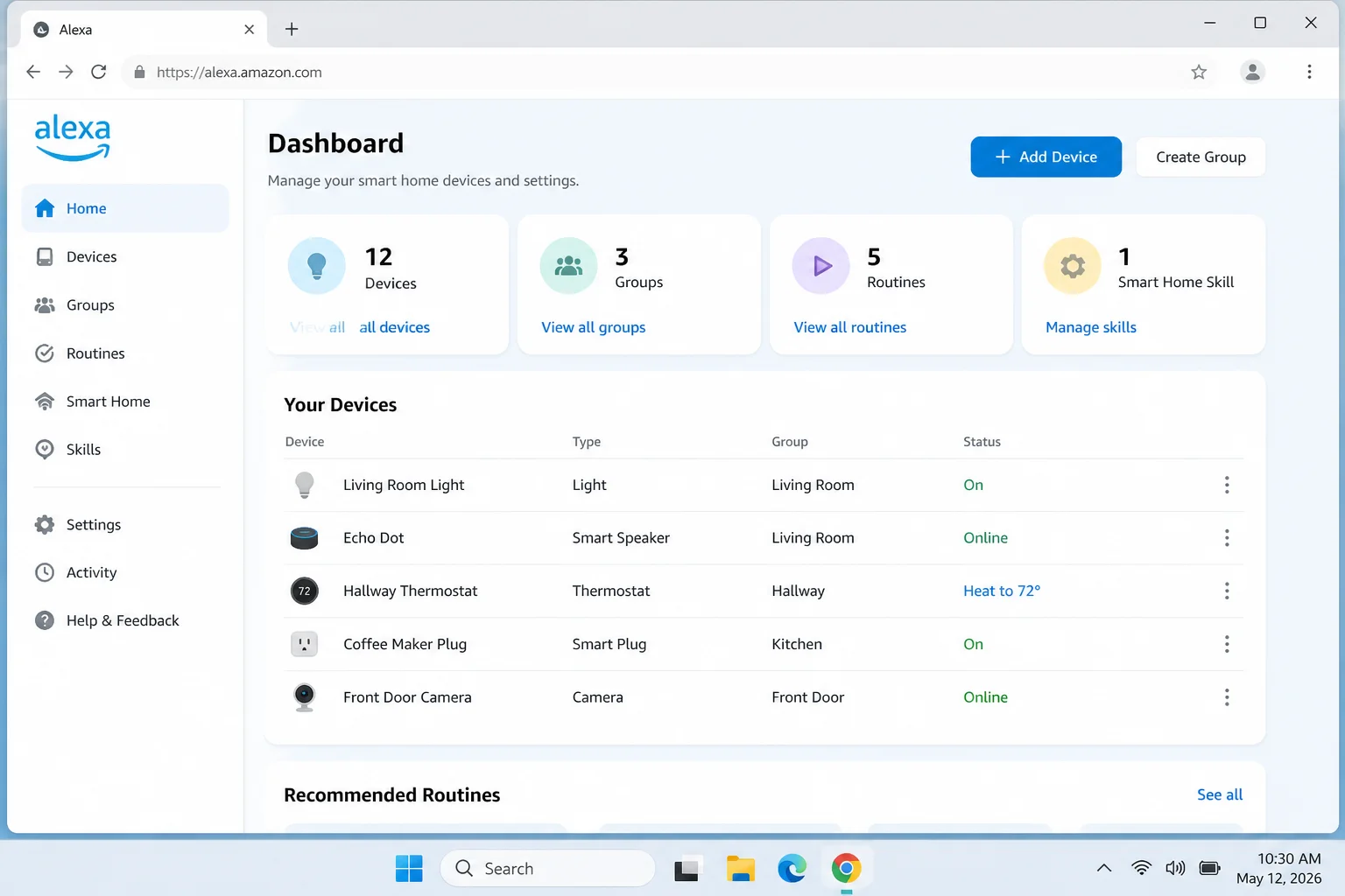 Windows desktop with a current browser open to the Alexa website, showing browser access without an account chooser, OTP, CAPTCHA, or sign-in challenge