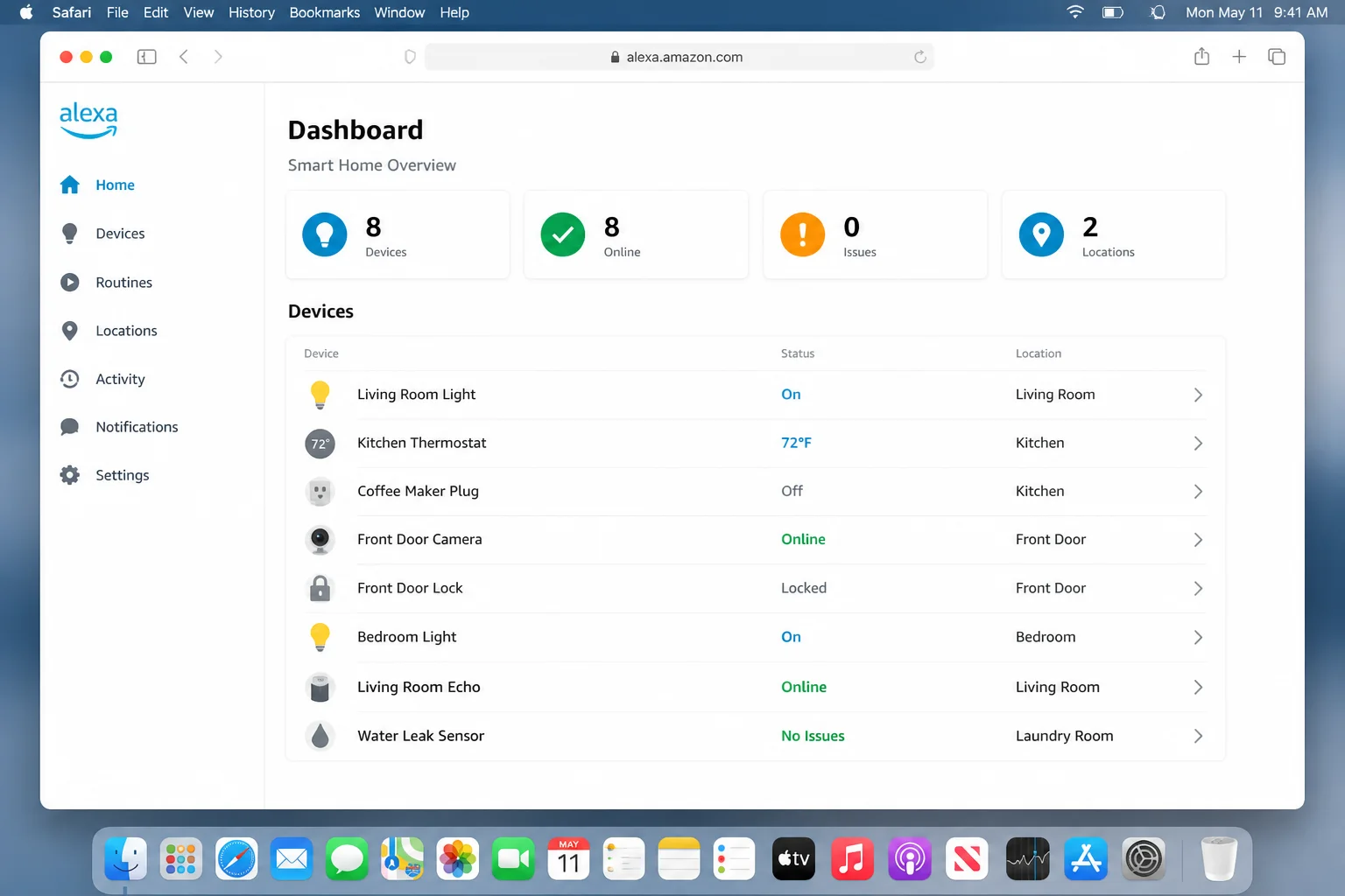 macOS desktop with a current browser open to the Alexa website, showing browser access without an account chooser, OTP, CAPTCHA, or sign-in challenge