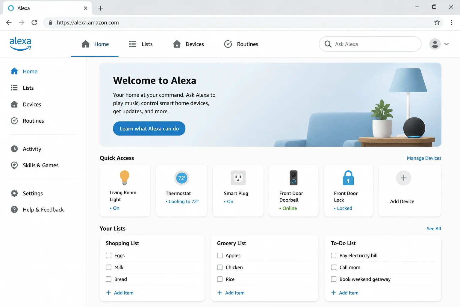 Stable Alexa browser landing or navigation page after normal sign-in, with main navigation highlighted and no implication that all mobile setup tools are available