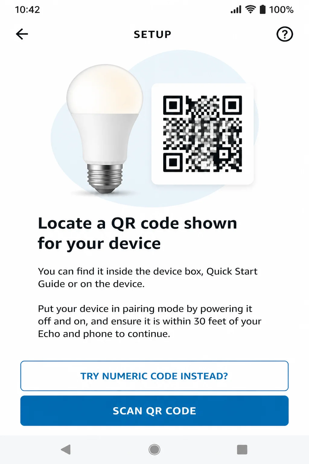 Alexa Other then Matter setup entry screen explaining that a QR or numeric setup code is required, with no real reusable Matter code visible