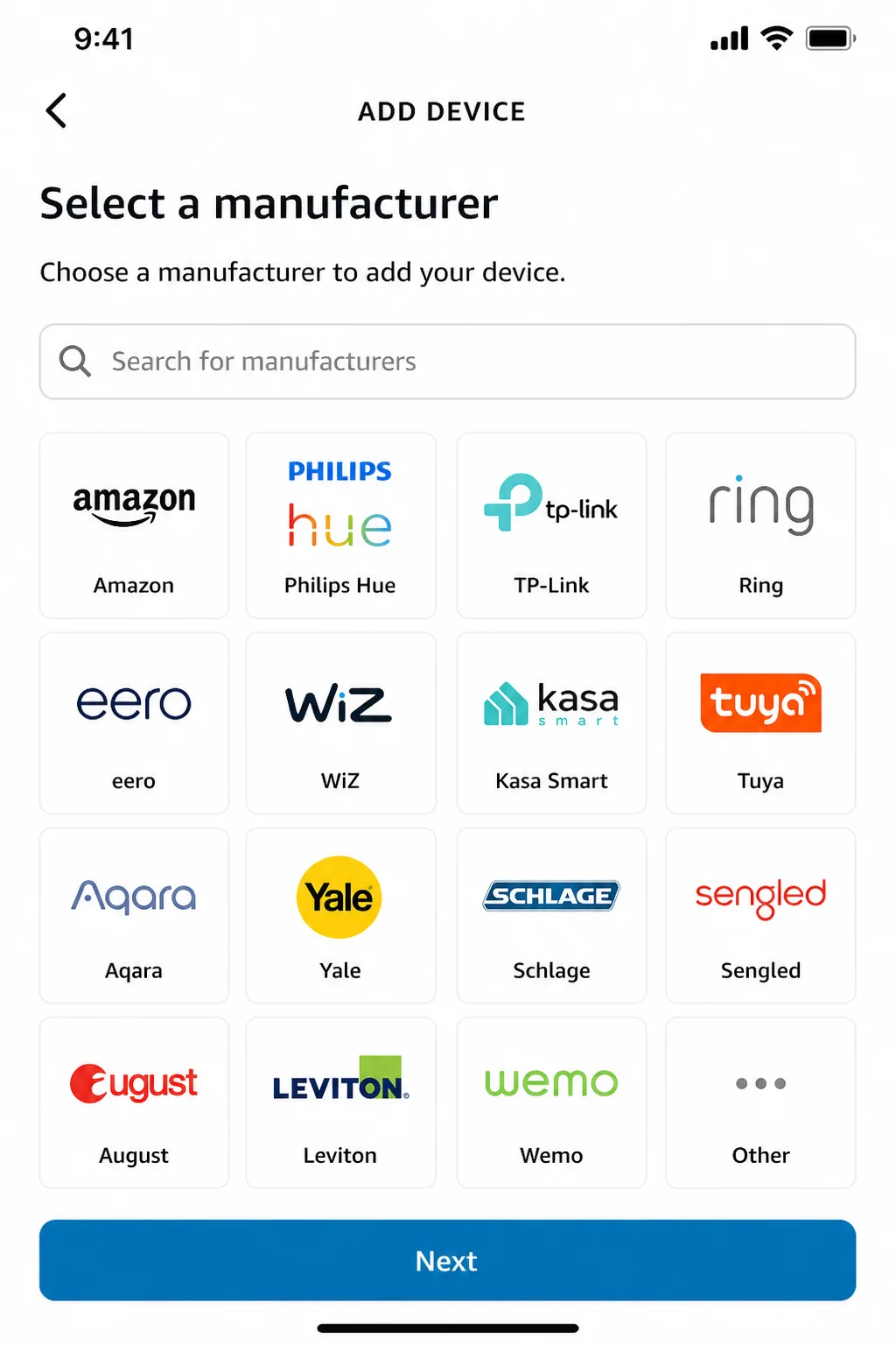 Alexa manufacturer selection screen used to begin a Works with Alexa connection, with manufacturer search highlighted and no OAuth, account chooser, CAPTCHA, or sign-in challenge shown