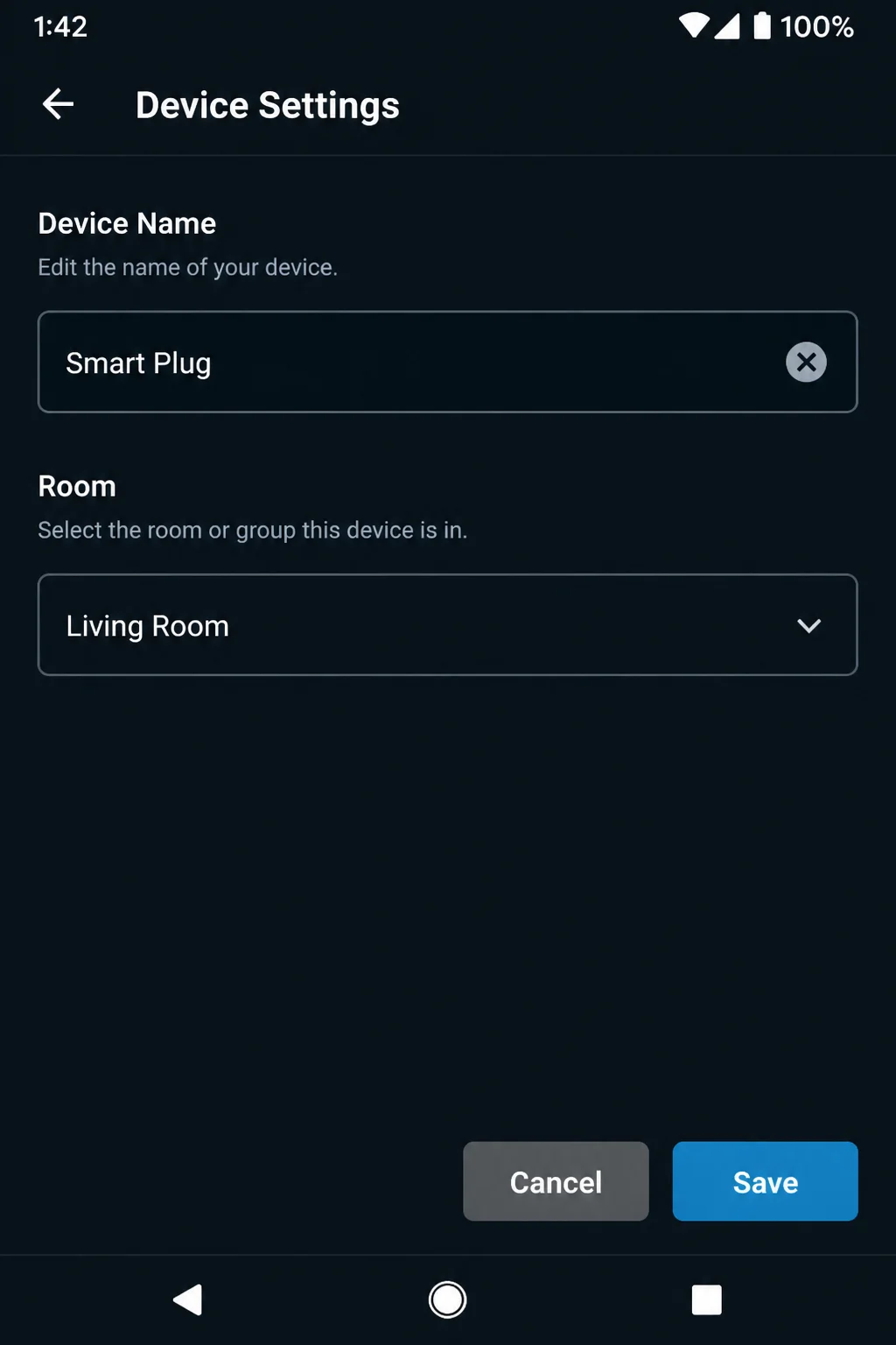 Alexa device settings page for a non-sensitive test device, showing its name and room or group controls without assuming any toggle state