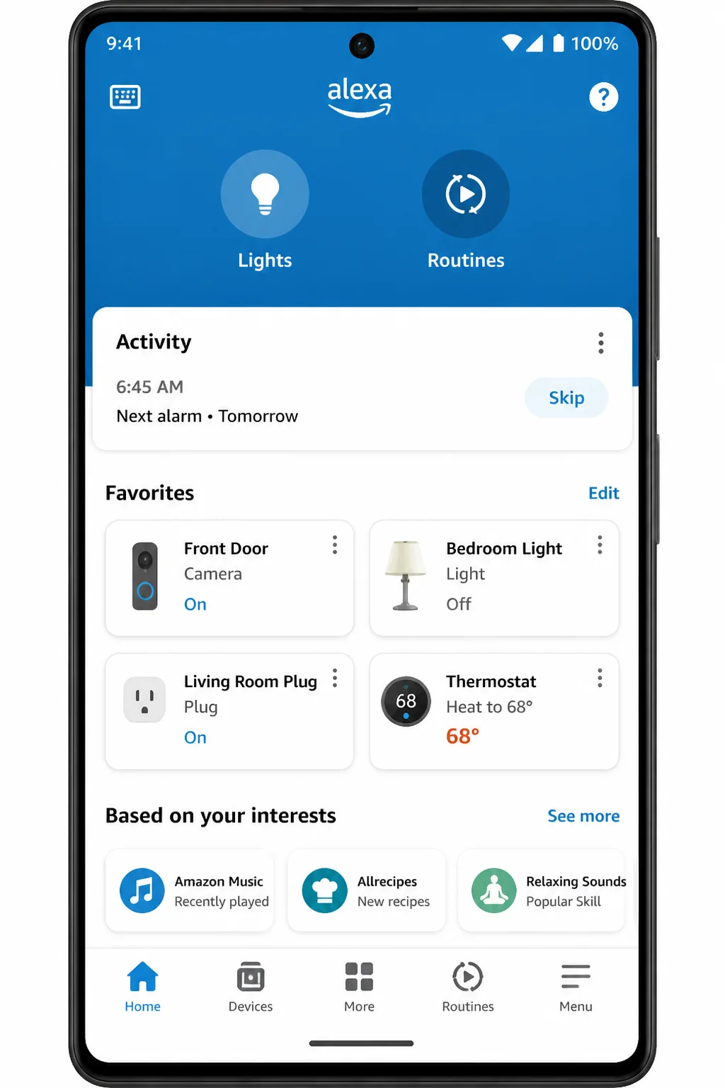 Alexa app Home screen showing smart home shortcuts and Favorites, with personal device names blurred