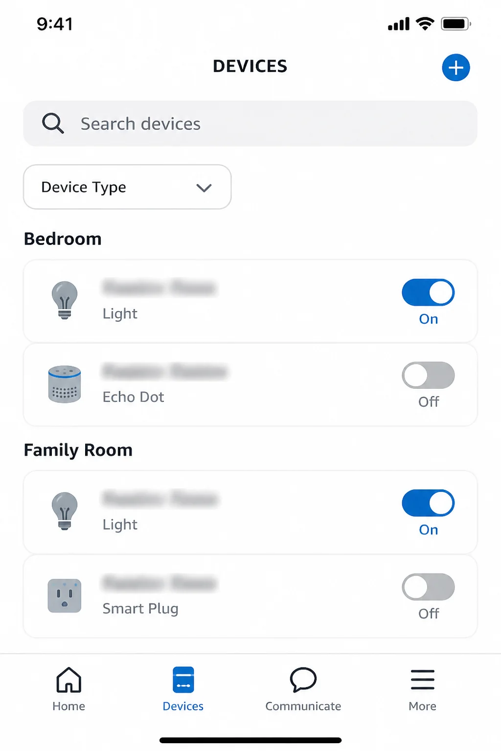 Alexa Devices screen showing Search and device-type filters, with personal device names blurred
