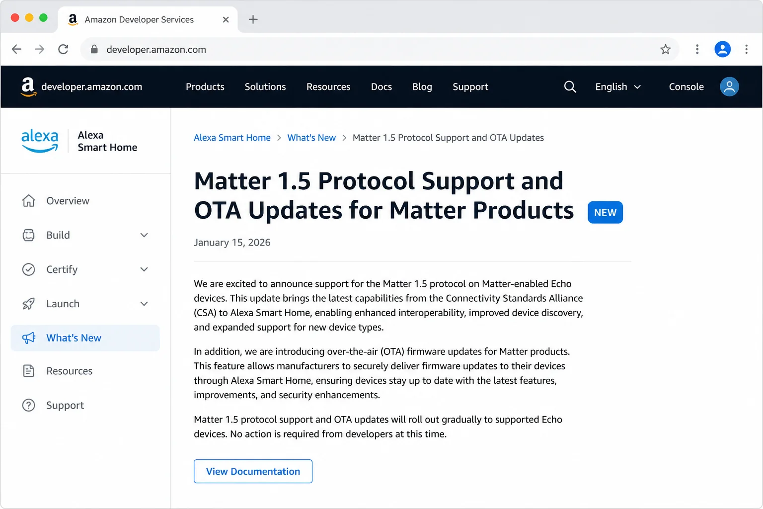 Official Amazon Alexa smart home changes page with the March 2026 Matter 1.5 and Matter over-the-air update announcements highlighted